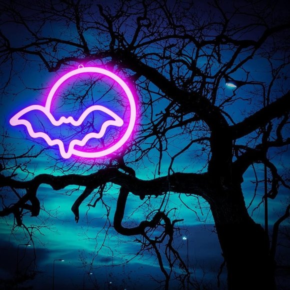Spooky Bat Full Moon Purple Neon Light Halloween Costume Party Fall Decor LED - Picture 2 of 6